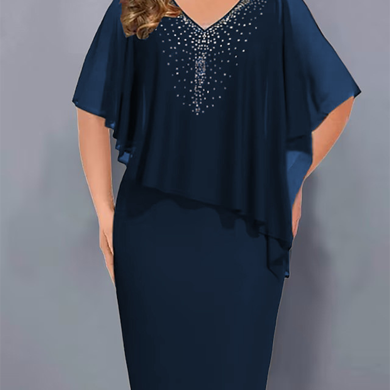 🎉50% OFF👗Rhinestone V-Neck Cape Dress with Chiffon Overlay