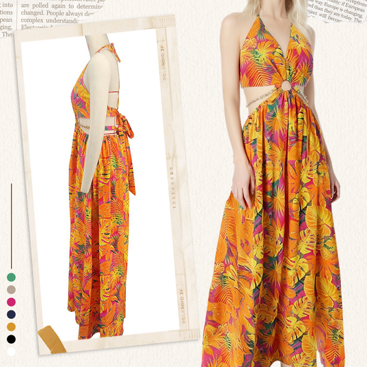 🎉🛍️Summer Special💃Women's Fashionable Halter Backless Printed Long Dress