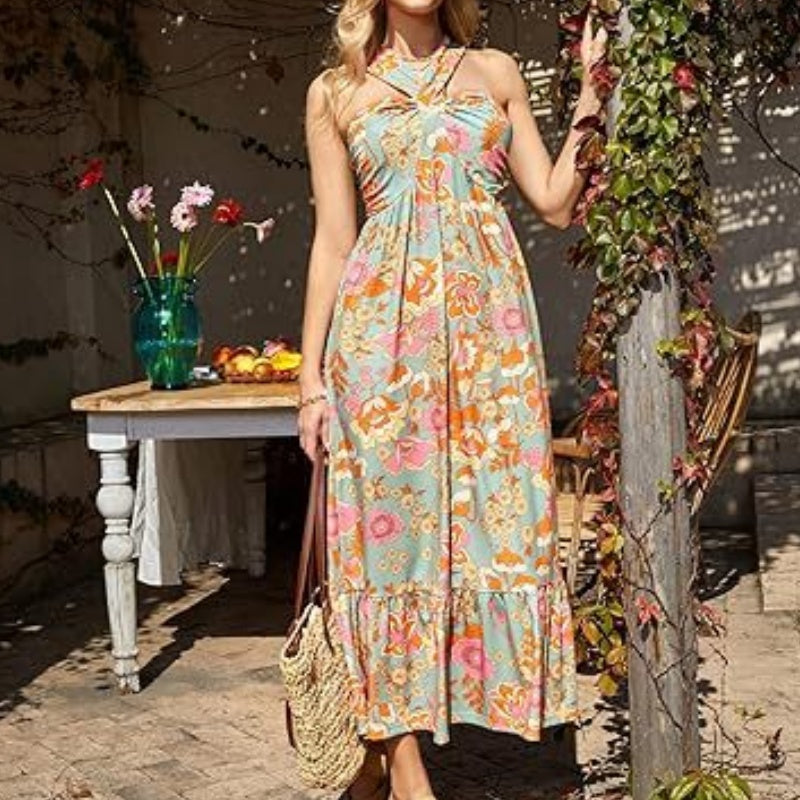 🔥Hot Sale 50%🌺Cross Halter Sleeveless Floral Printed Dress💃