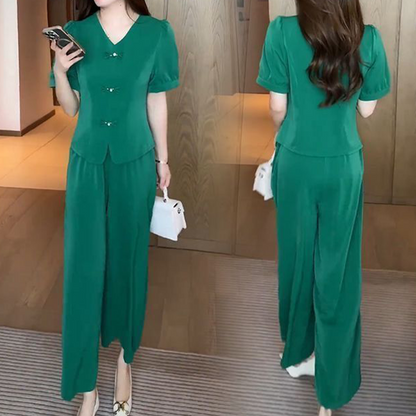 💖V-Neck Short Sleeve Top & Matching Wide-Leg Pants 2-Piece Set for Women👘