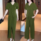 💖V-Neck Short Sleeve Top & Matching Wide-Leg Pants 2-Piece Set for Women👘