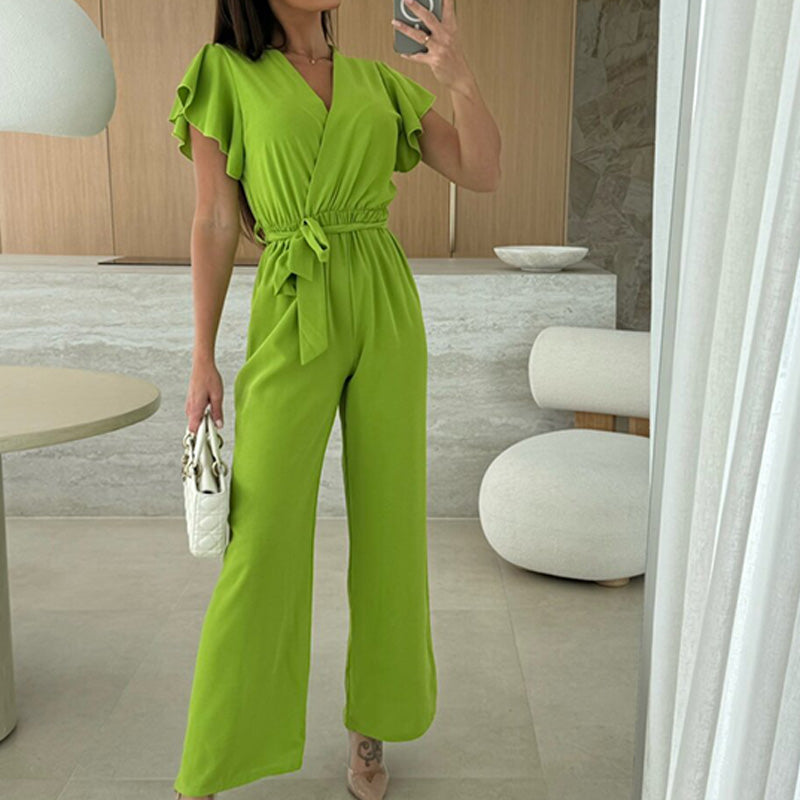 🔥50% OFF🔥Women's Fashion Solid Color V-Neck Ruffle Sleeve Wide-Leg Jumpsuit