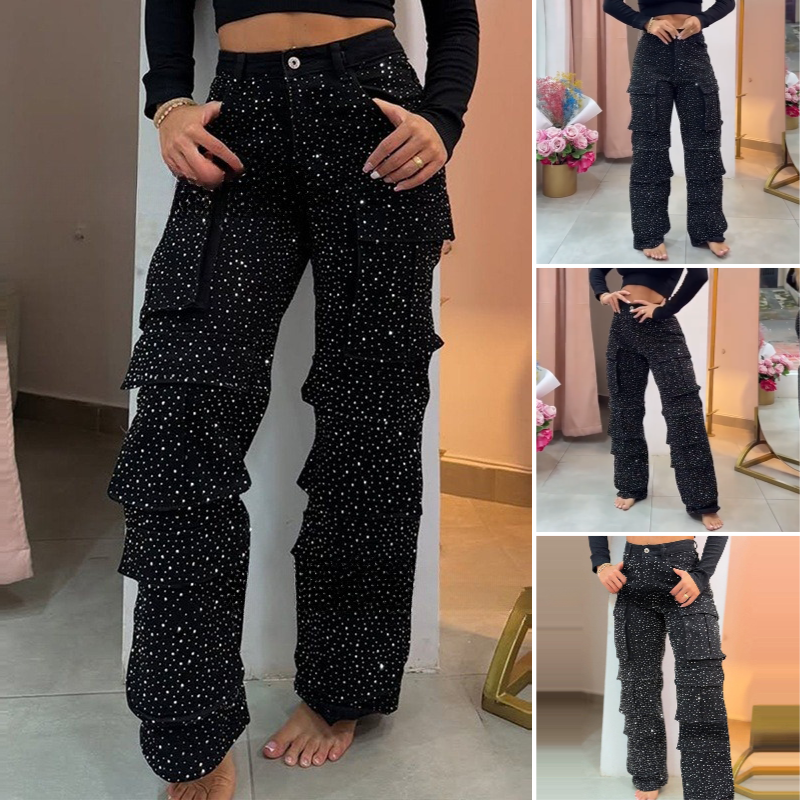 🔥2025 Fashion Recommends✨Women's Rhinestone Wide-Leg Pants with Pockets