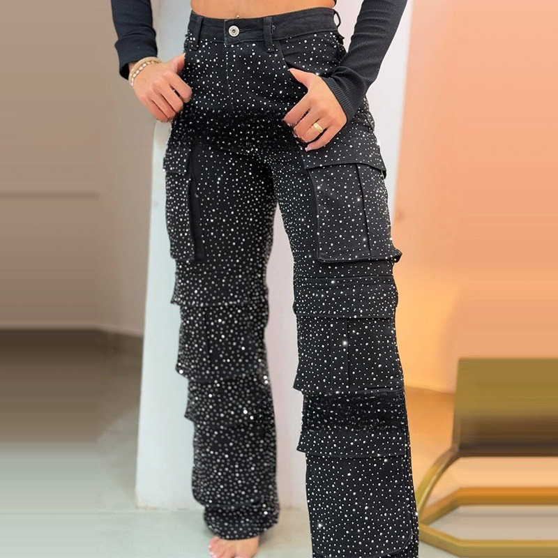 🔥2025 Fashion Recommends✨Women's Rhinestone Wide-Leg Pants with Pockets