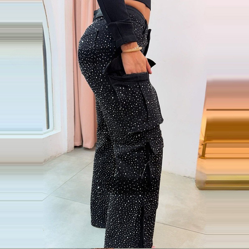 🔥2025 Fashion Recommends✨Women's Rhinestone Wide-Leg Pants with Pockets