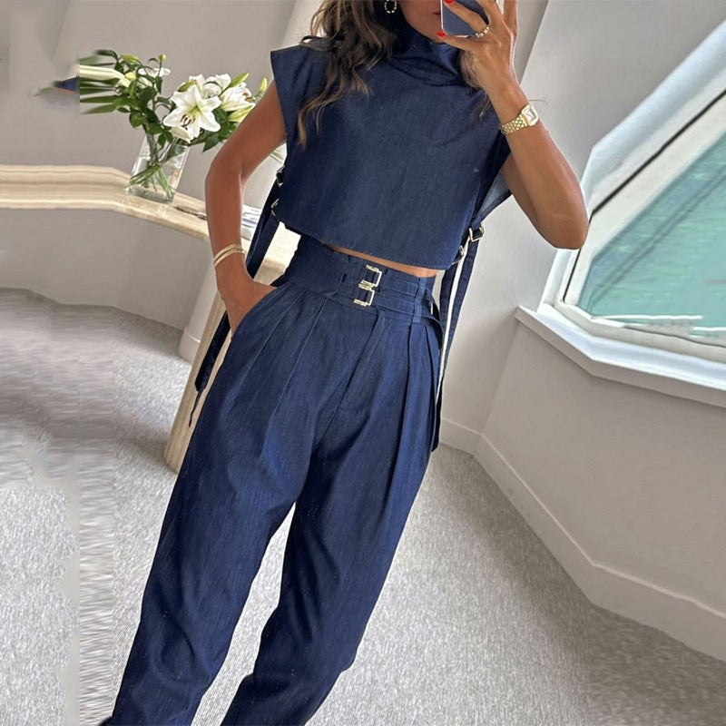 🫦Women's Trendy Fashion High-Neck Short Top & High-Waist 3/4 Length Pants Outfits