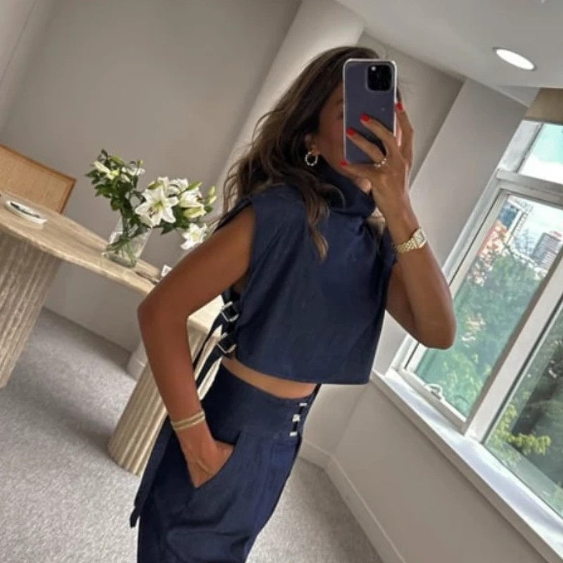 🫦Women's Trendy Fashion High-Neck Short Top & High-Waist 3/4 Length Pants Outfits