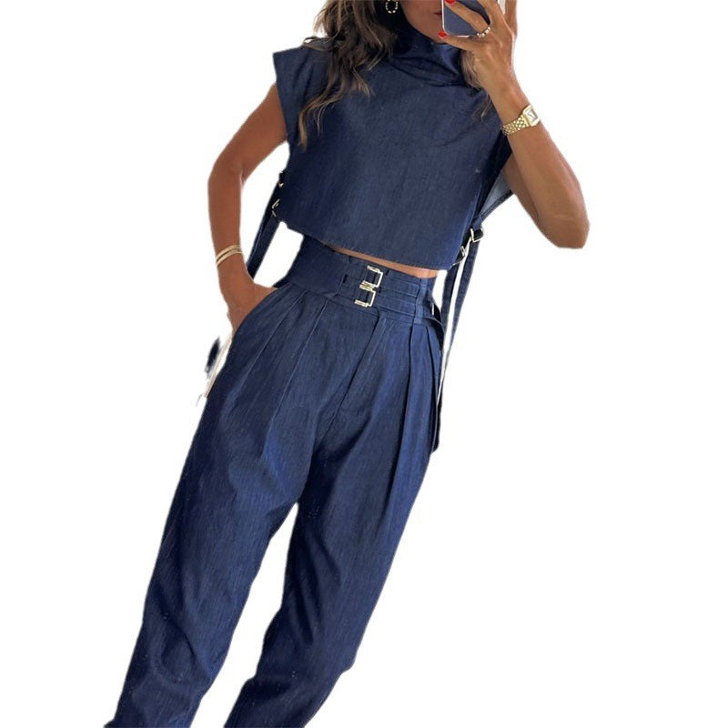 🫦Women's Trendy Fashion High-Neck Short Top & High-Waist 3/4 Length Pants Outfits