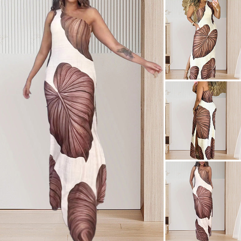 ✨🎊 2025 Summer New🎊Palm Print One-Shoulder Slim Maxi Dress