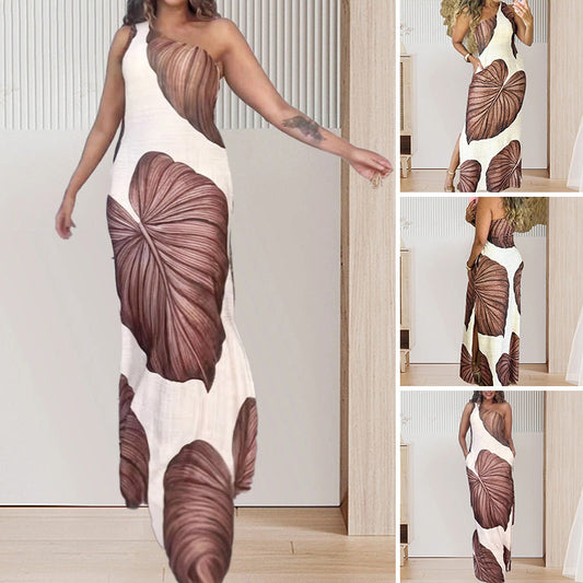 ✨🎊 2025 Summer New🎊Palm Print One-Shoulder Slim Maxi Dress