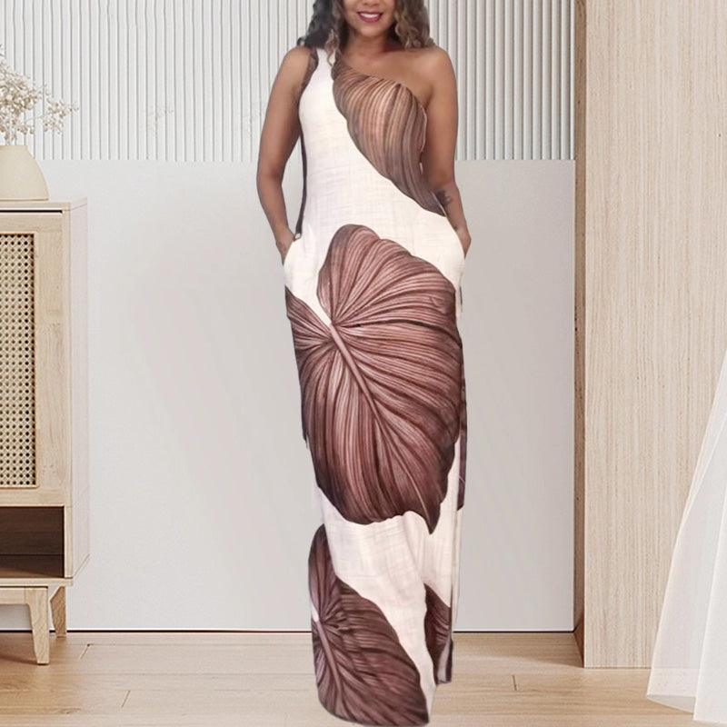 ✨🎊 2025 Summer New🎊Palm Print One-Shoulder Slim Maxi Dress