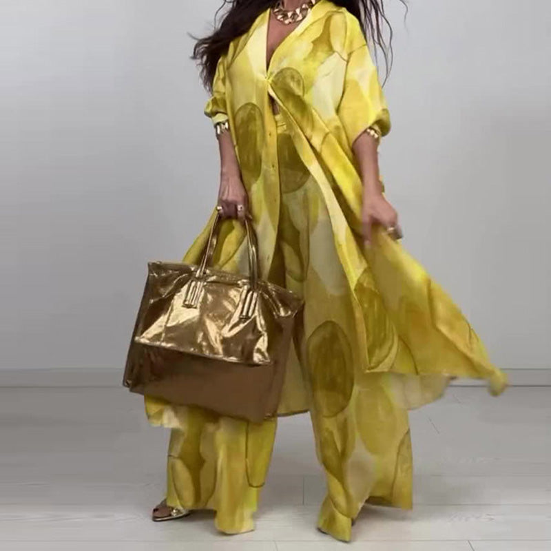 🎊2025 Time-limited Special：54%OFF🎊Fashion Print Long Sleeve Shirt & Wide Leg Pants 2-Piece Set
