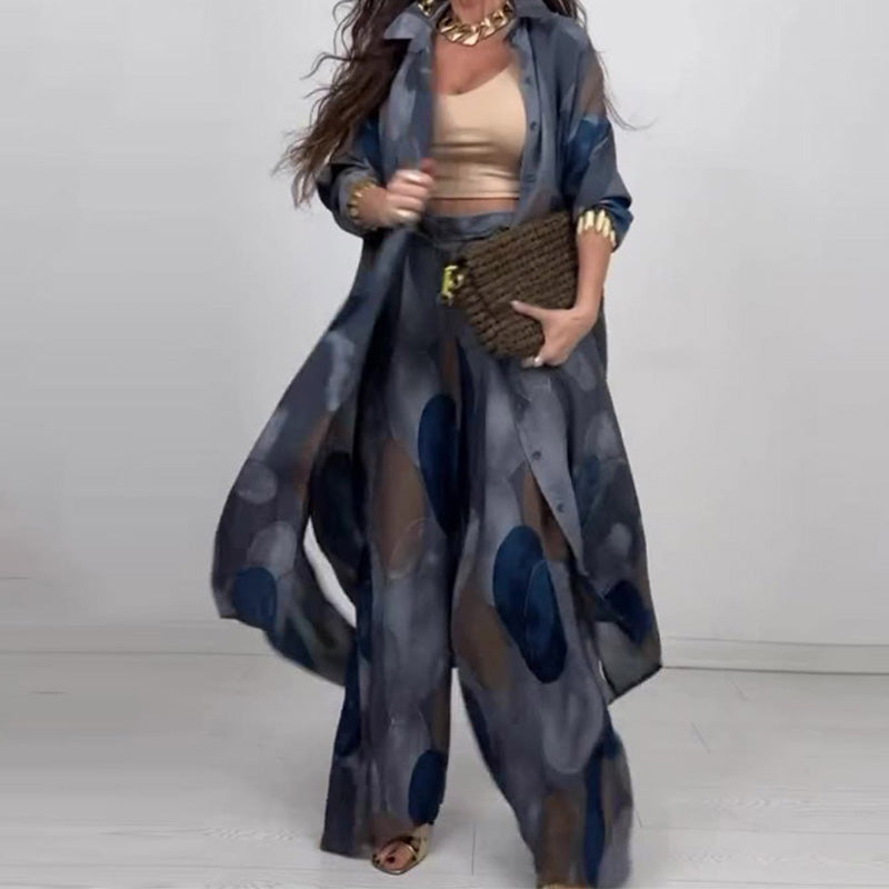 🎊2025 Time-limited Special：54%OFF🎊Fashion Print Long Sleeve Shirt & Wide Leg Pants 2-Piece Set