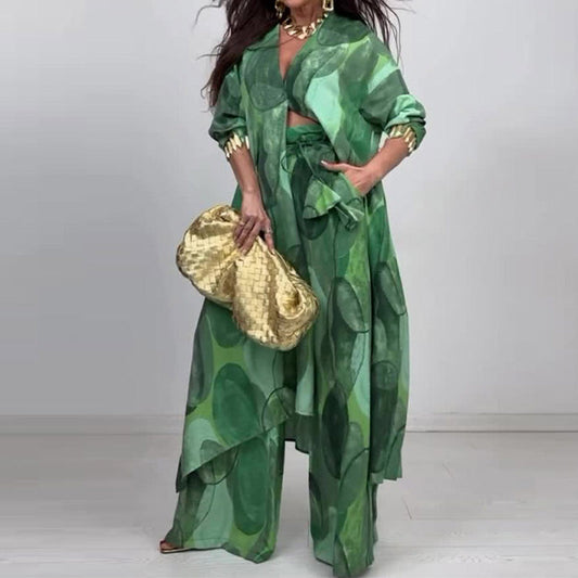 🎊2025 Time-limited Special：54%OFF🎊Fashion Print Long Sleeve Shirt & Wide Leg Pants 2-Piece Set