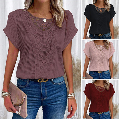 ✨50% OFF✨Women's Solid Crochet Crew Neck Short-Sleeve Tops