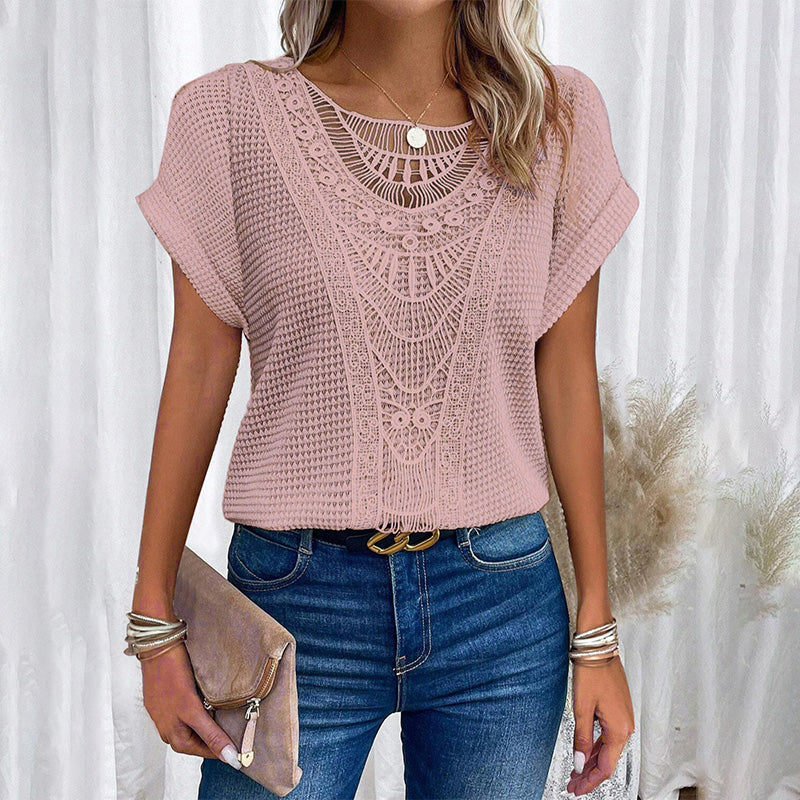 ✨50% OFF✨Women's Solid Crochet Crew Neck Short-Sleeve Tops