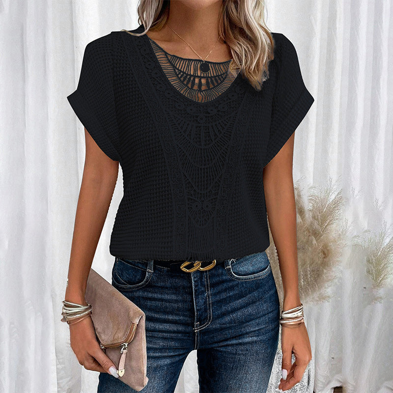 ✨50% OFF✨Women's Solid Crochet Crew Neck Short-Sleeve Tops