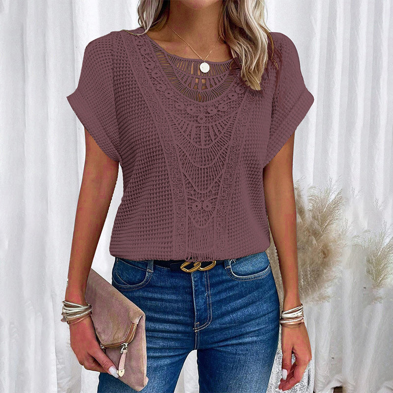 ✨50% OFF✨Women's Solid Crochet Crew Neck Short-Sleeve Tops
