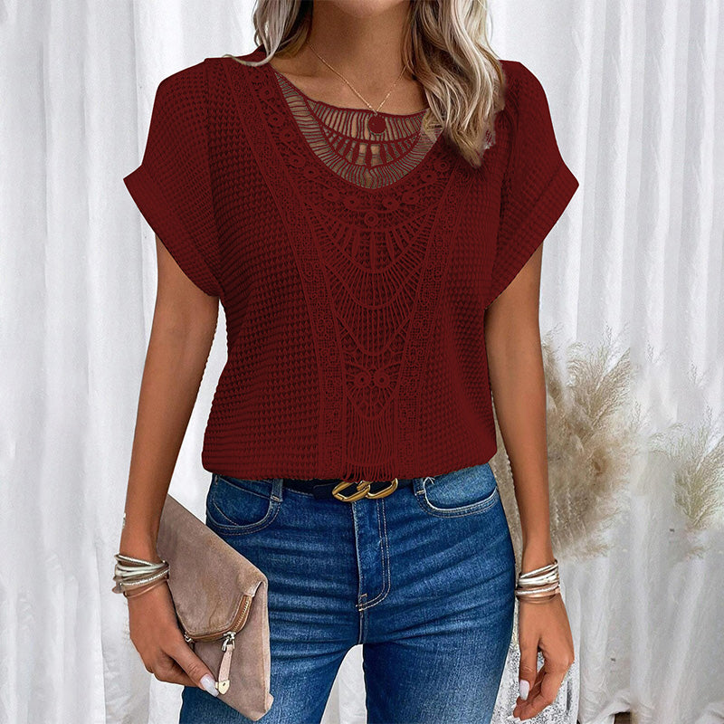 ✨50% OFF✨Women's Solid Crochet Crew Neck Short-Sleeve Tops