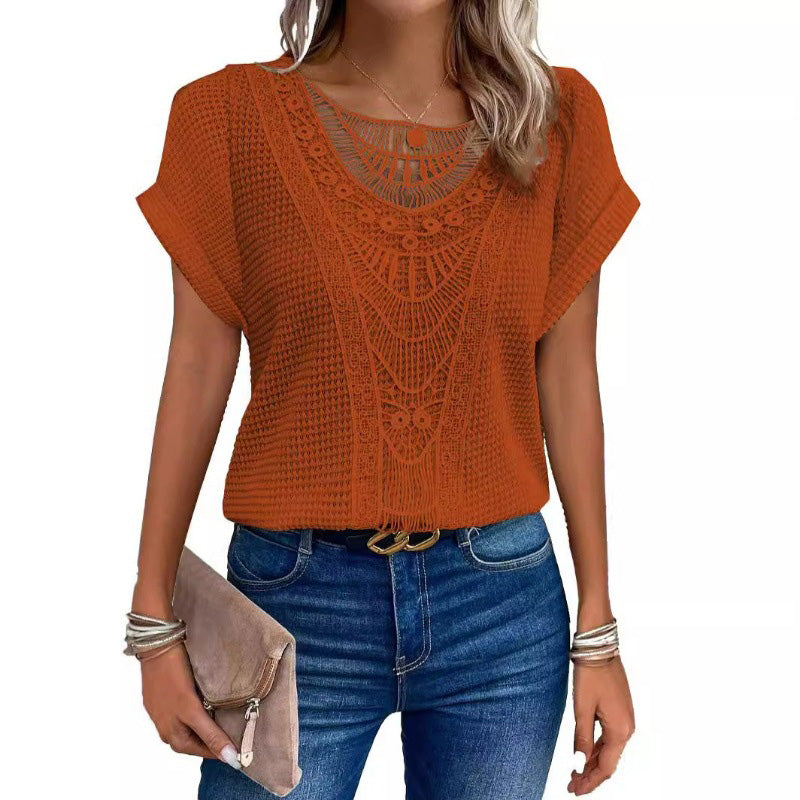 ✨50% OFF✨Women's Solid Crochet Crew Neck Short-Sleeve Tops
