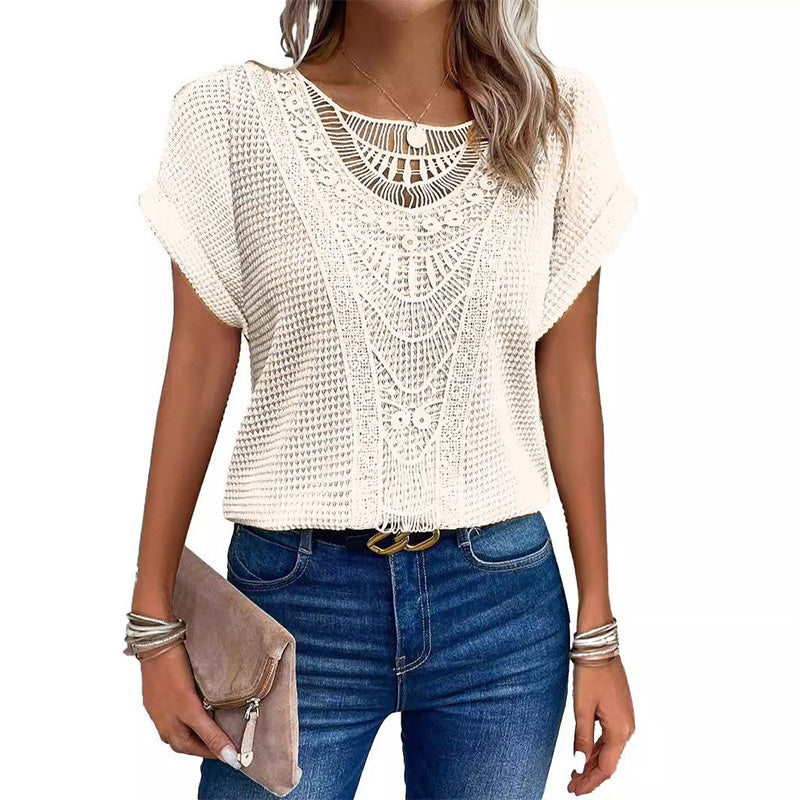 ✨50% OFF✨Women's Solid Crochet Crew Neck Short-Sleeve Tops