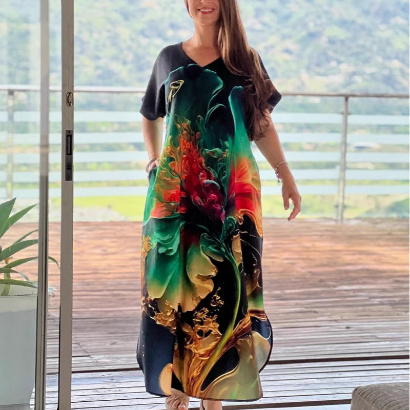 Women's Loose Casual V-Neck Printed Short Sleeve Dresses