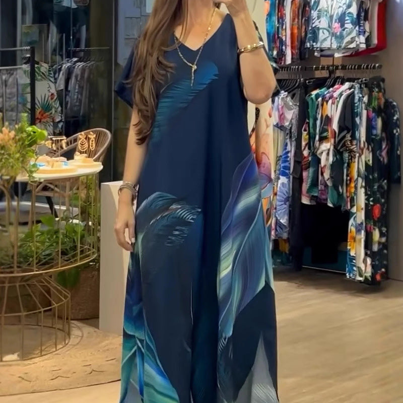 Women's Loose Casual V-Neck Printed Short Sleeve Dresses