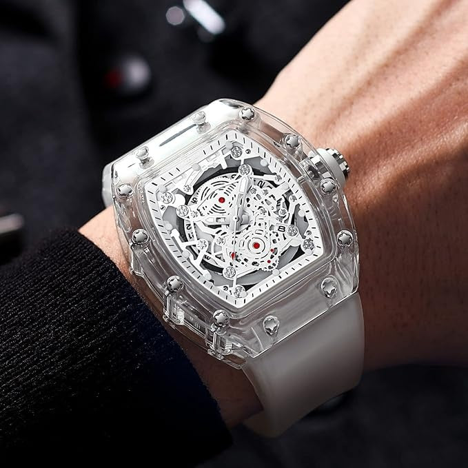Black Men's Luxury Barrel-shaped Transparent Waterproof Quartz Watch