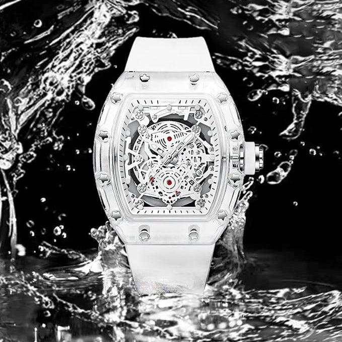 Black Men's Luxury Barrel-shaped Transparent Waterproof Quartz Watch