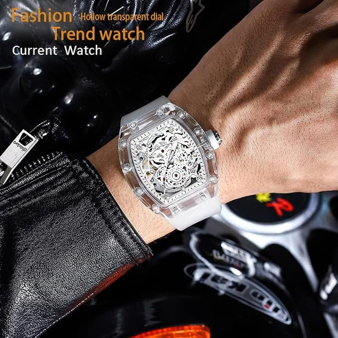 Black Men's Luxury Barrel-shaped Transparent Waterproof Quartz Watch