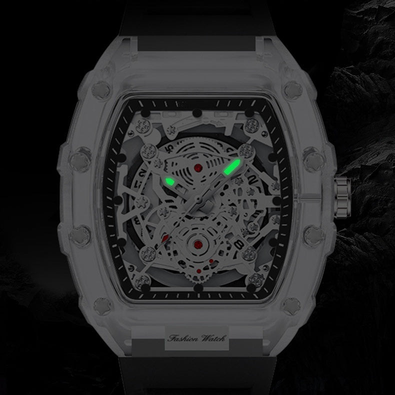 Black Men's Luxury Barrel-shaped Transparent Waterproof Quartz Watch