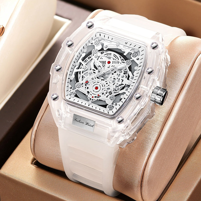 Black Men's Luxury Barrel-shaped Transparent Waterproof Quartz Watch
