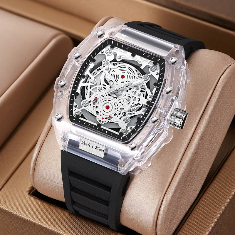 Black Men's Luxury Barrel-shaped Transparent Waterproof Quartz Watch
