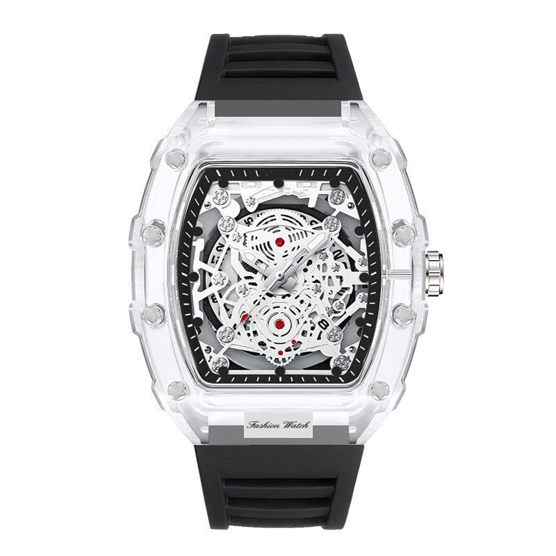 Black Men's Luxury Barrel-shaped Transparent Waterproof Quartz Watch