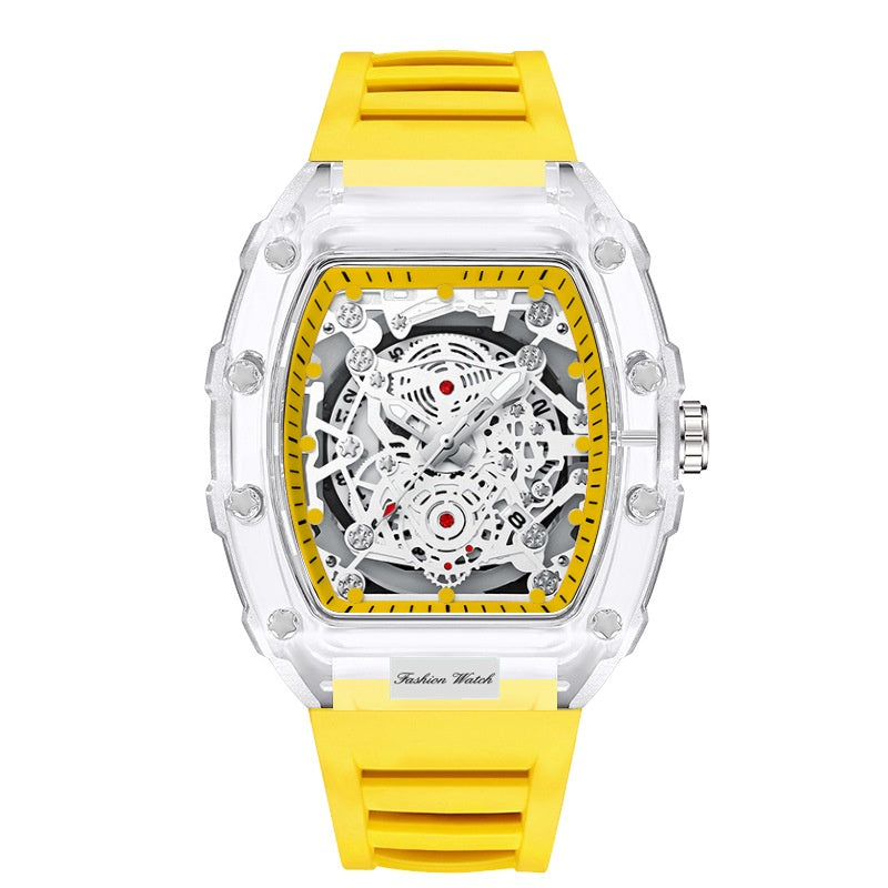 Black Men's Luxury Barrel-shaped Transparent Waterproof Quartz Watch