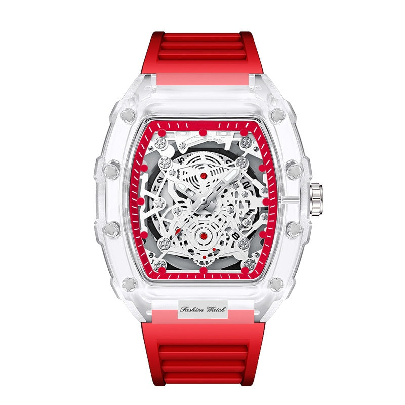 Black Men's Luxury Barrel-shaped Transparent Waterproof Quartz Watch