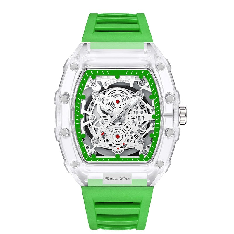 Black Men's Luxury Barrel-shaped Transparent Waterproof Quartz Watch