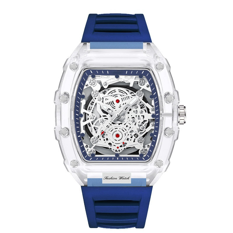 Black Men's Luxury Barrel-shaped Transparent Waterproof Quartz Watch