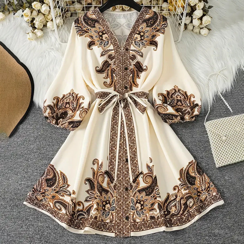 🔥2025 Hot Sales🔥Women's V-neck printed dress with tie belt