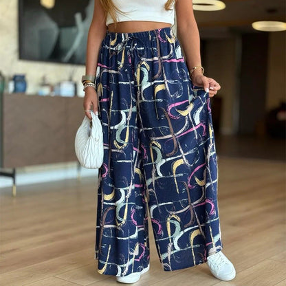 Women’s Casual Printed Wide-Leg Pants with Pockets