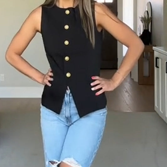 Women's Buttoned Round Collar Sleeveless Suit Vest