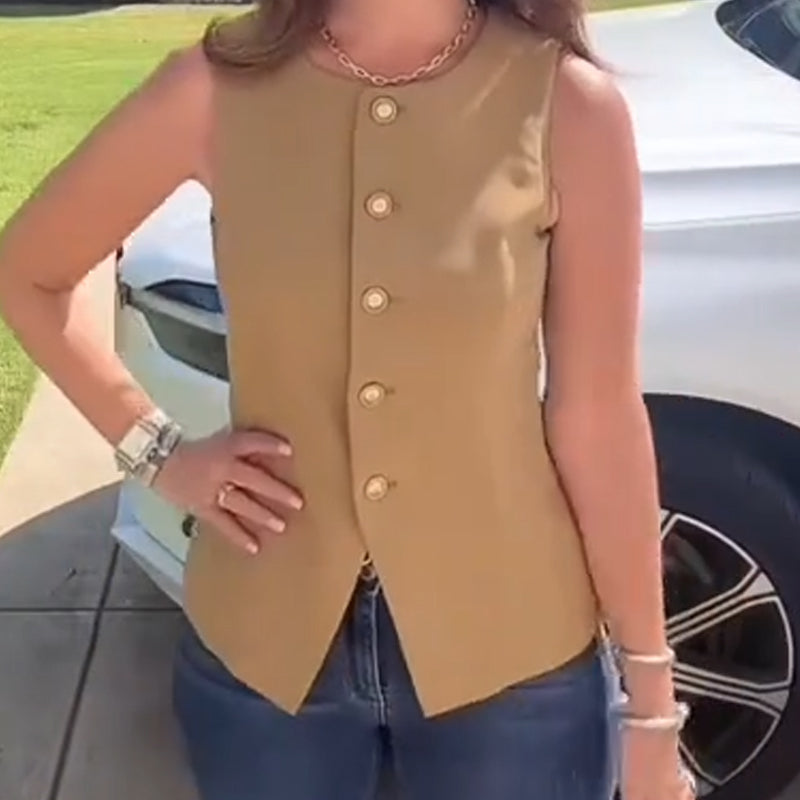 Women's Buttoned Round Collar Sleeveless Suit Vest