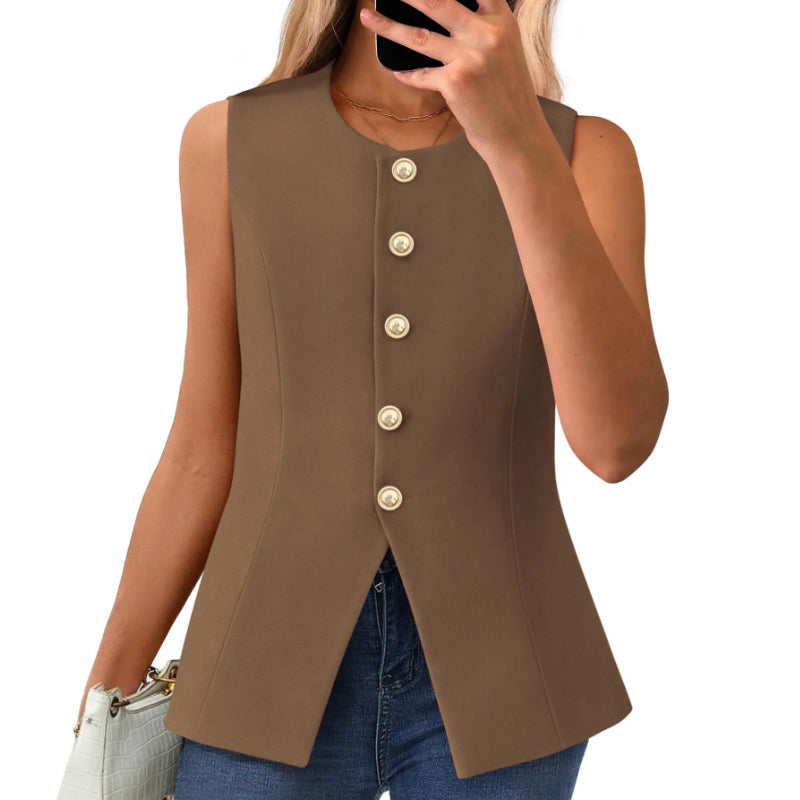 Women's Buttoned Round Collar Sleeveless Suit Vest
