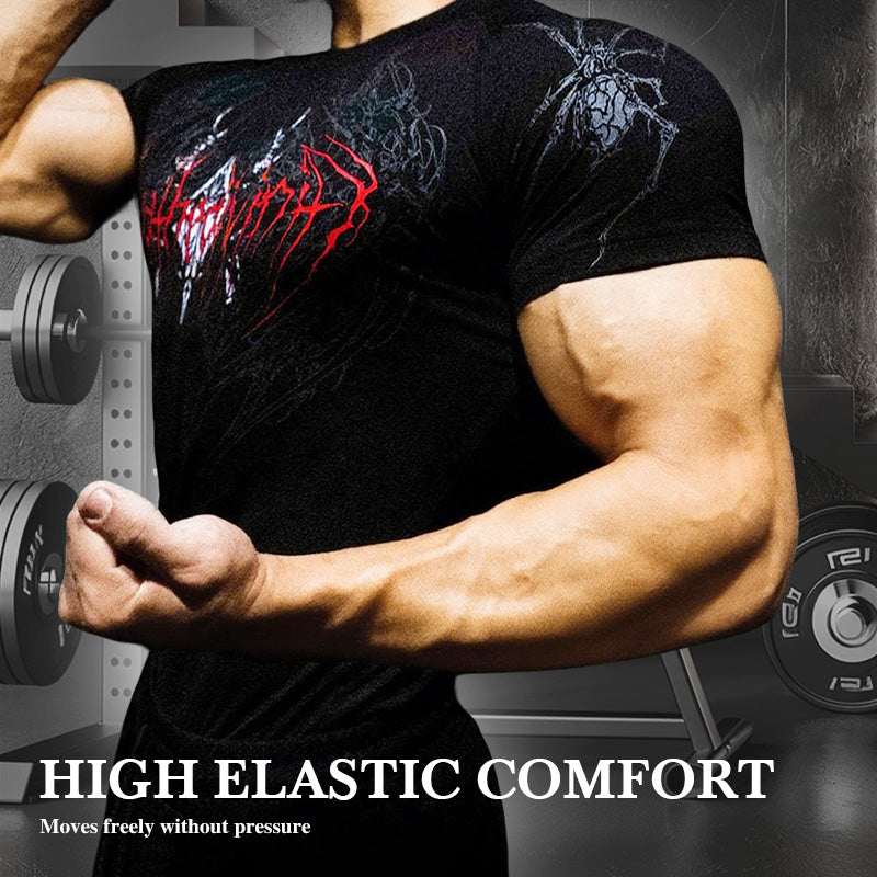 Venom print fitness shirt highlights your muscle definition.