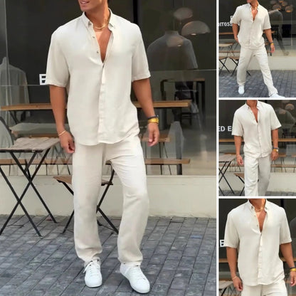 ✨Hot Sale 50% OFF✨Men’s Solid Lapel Short-Sleeve Tops ＆ Pants 2-Piece Set👔