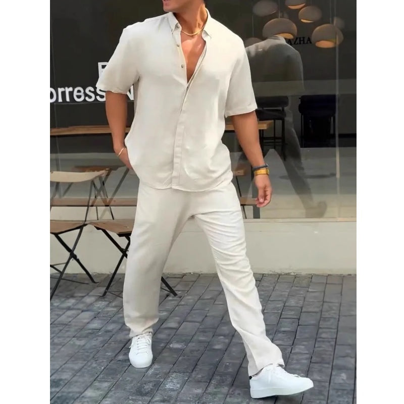 ✨Hot Sale 50% OFF✨Men’s Solid Lapel Short-Sleeve Tops ＆ Pants 2-Piece Set👔