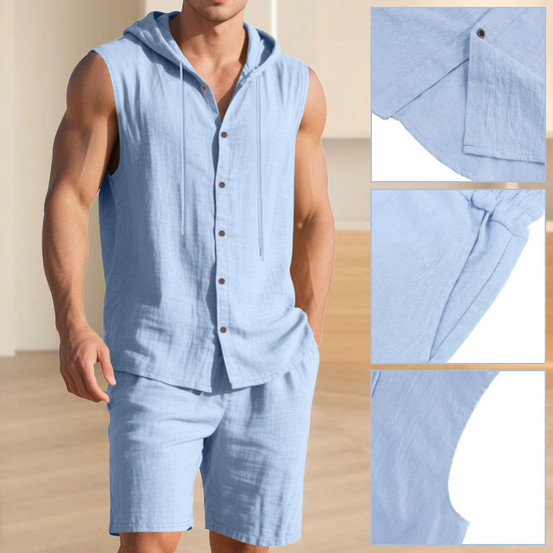 🌞👕 Men's Casual Linen Hooded Tank Top & Shorts Set