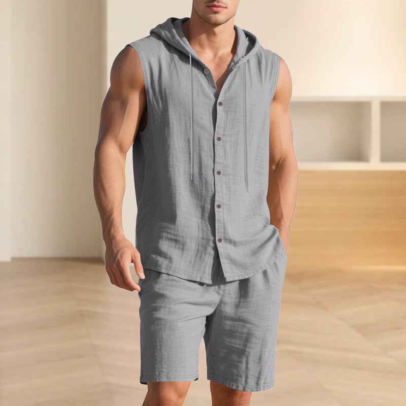 🌞👕 Men's Casual Linen Hooded Tank Top & Shorts Set