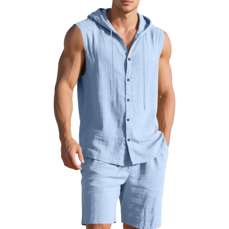🌞👕 Men's Casual Linen Hooded Tank Top & Shorts Set
