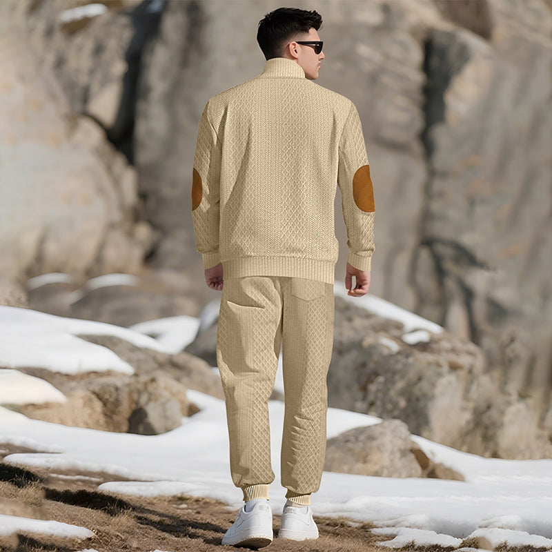 Casual Jacquard Stand Collar Top and Elastic Cuff Pants